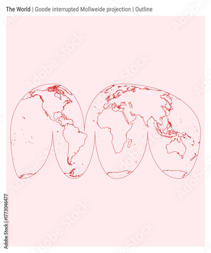 World Map. Goode interrupted Mollweide projection. Outline style. High Detail World map for infographics, education, reports, presentations. Vector illustration.