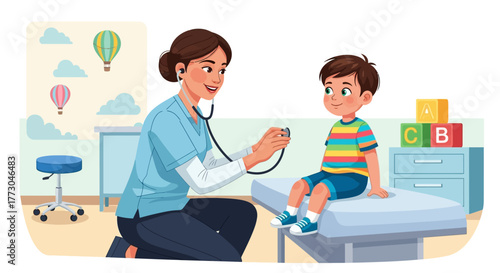 Child examines a young boy with a stethoscope in a medical setting