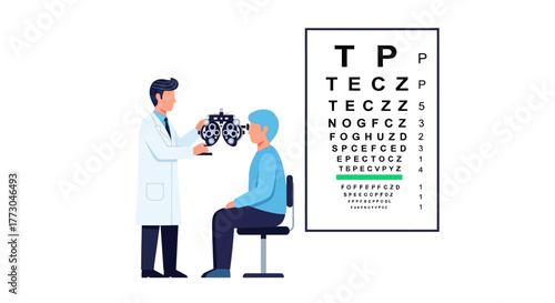Eye exam scene Doctor adjusting phoropter on patient eye chart nearby