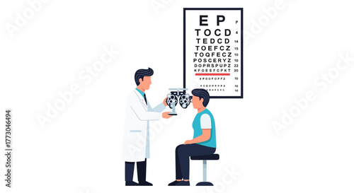 Eye exam An optometrist uses a phoropter to test a patients vision with an eye chart in the background