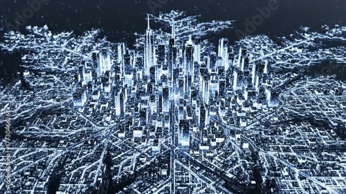 Blooming city map transformation into a complex urban landscape from a glowing point in a dark environment