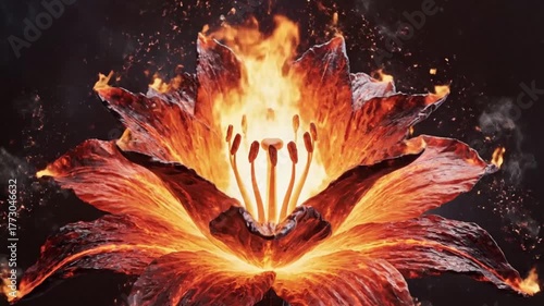 Epic visual of a fire lily blooming from flames in a slow-motion explosion