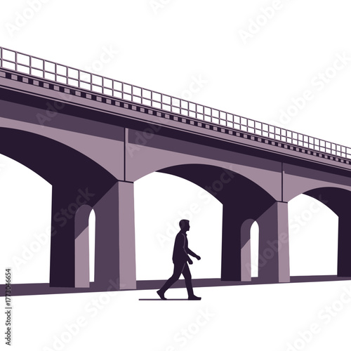 Silhouette of a man walking under a large stone bridge.