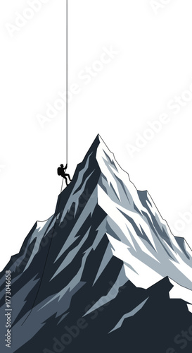 Silhouette of a climber rappelling down a snowy mountain peak.