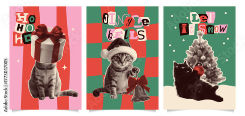 Vintage Hipster Christmas Banner, Invitation or Poster set with Funny Halftone Cat Design and cut out words Lettering. Whimsical bright vector design.