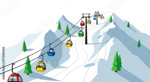 Ski resort cable cars ascending snowy mountains with pine trees.