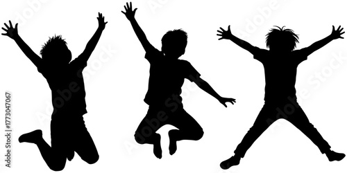 Jumping children silhouettes, black vector illustration of three kids in mid-air poses expressing joy, energy, and playful movement on white
