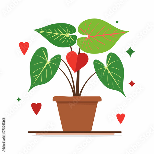 Heart-Shaped Plant in a Pot Vector Illustration with Love and Nature Elements