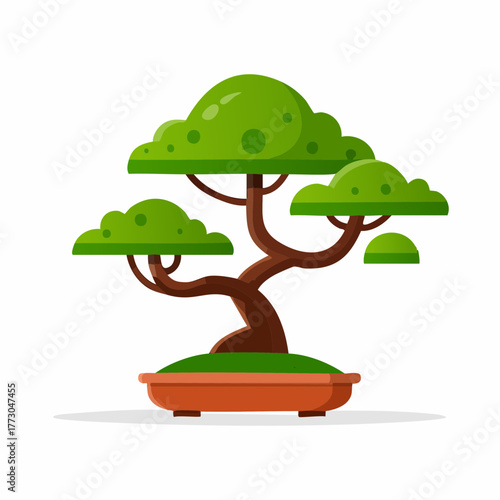 Zen Miniature Flat Vector Bonsai Tree Illustration in Earthenware Pot