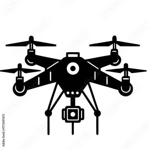 Modern quadcopter drone with camera gimbal silhouette isolated on white background