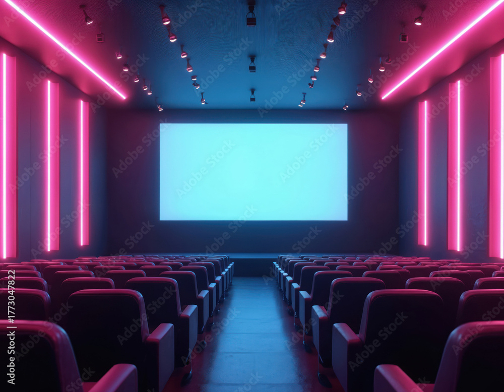 Fototapeta premium Empty cinema hall with rows of red seats. Neon pink and blue lights illuminate screen and walls. Modern movie theater interior ready for film premiere or screening.