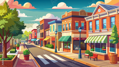 Very beautiful downtown main street of Mattoon, Illinois, featuring charming storefronts, tree-lined sidewalks, and a peaceful park capturing the warm community spirit of small-town Midwest USA.