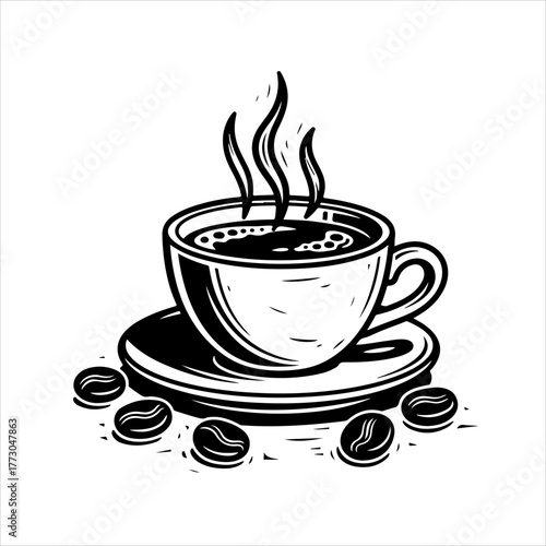 A black and white hand-drawn illustration of a steaming hot cup of coffee on a saucer surrounded by coffee beans.
