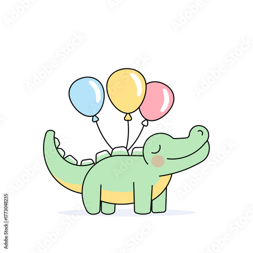 Adorable green crocodile holding colorful balloons perfect for kids, illustrations, greeting cards, posters and nursery designs
