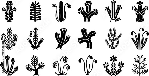 Stylized liverwort plant icons collection for nature design projects