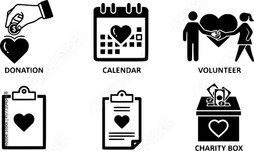 Heart icons set: donation, calendar, volunteer, clipboard, and charity box symbols