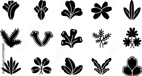 Stylized liverwort plant icons collection for nature design projects