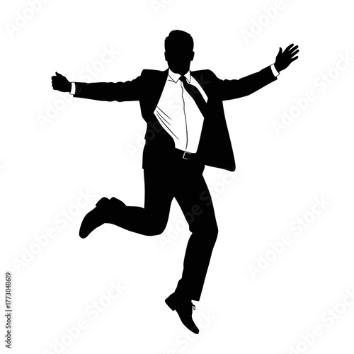 Silhouette of businessman in formal suit jumping with arms outstretched celebrating success vector vector illustration on white background