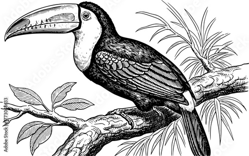 Detailed drawing of toucan perched on branch in vintage etching style