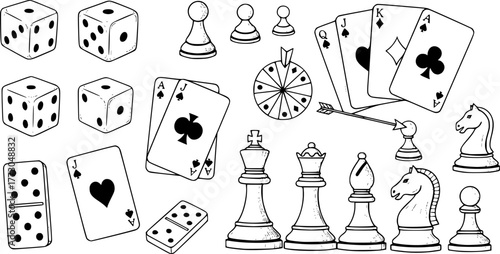 Hand drawn board games doodle set with dice, cards and chess pieces
