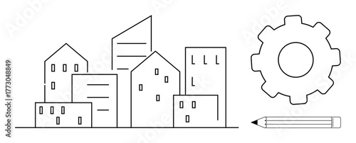 Outline of city buildings, large gear, and pencil symbolizing urban development, creativity, and engineering. Ideal for urban planning, innovation, architecture, construction teamwork creativity