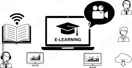 Online learning icons: education, e-learning, and digital classroom symbols