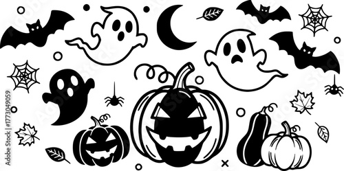 Playful halloween doodles with pumpkins, ghosts, and bats for a spooky celebration