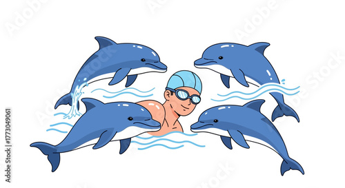 Swimmer surrounded by playful dolphins in the ocean.