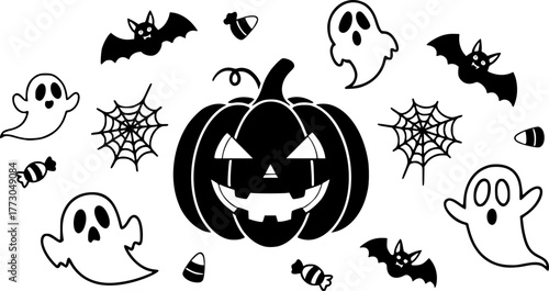 Playful halloween doodles with pumpkins, ghosts, and bats for a spooky celebration