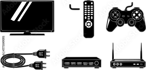 Flat electronic devices set: tv, remote, game controller, cable, receiver, router