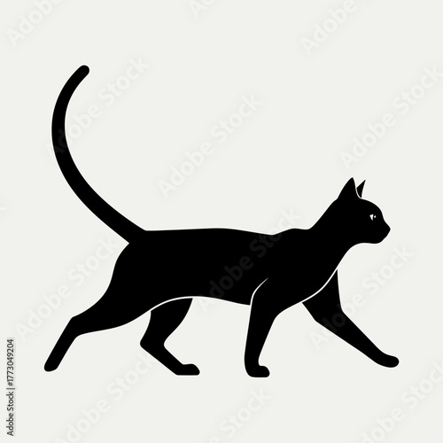 Silhouette of a black cat walking with tail raised gracefully on a vector vector illustration on white background