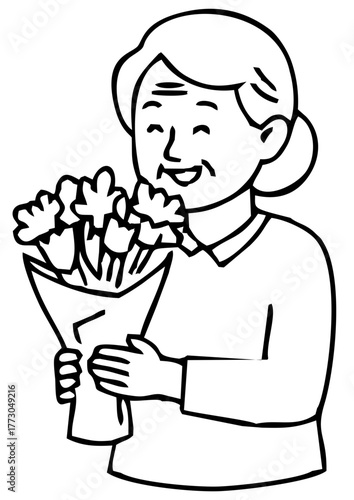 Vector icon of senior woman with birthday flowers, minimalist style, celebratory illustration