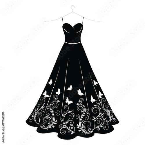 Elegant Black Strapless Gown with White Butterfly and Floral Scrollwork