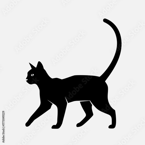 Sleek black cat silhouette walking gracefully with curled tail and alert eyes vector vector illustration on white background