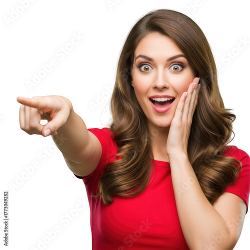 Wallpaper Mural Surprised woman pointing finger isolated on transparent background Torontodigital.ca