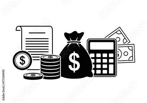 Illustration of a document, money bag, stack of coins, calculator, and some dollar bills