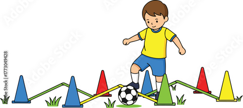 Cartoon illustration of a young boy dribbling a soccer ball through a cone obstacle course on a grassy field.