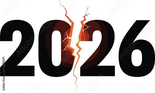 The year 2026 is split and cracked with fiery energy symbolizing a challenging and transformative future ahead