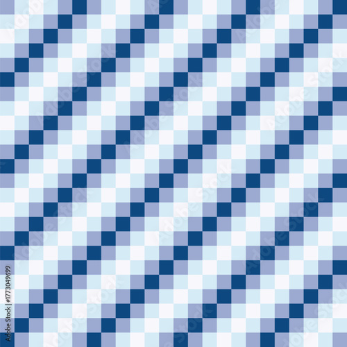 Diagonal lines of overlapping squares created from different shades of blue squares on an off-white background