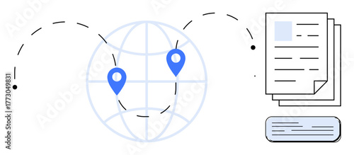 Globe with geolocation pins connected by dashed lines alongside stacked documents and a file. Ideal for global communication, networking, collaboration, file sharing, logistics, international trade