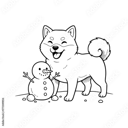 cheerful Shiba Inu, proudly standing next to a tiny, simple snowman it has built, complete with a little carrot nose. Generative AI
