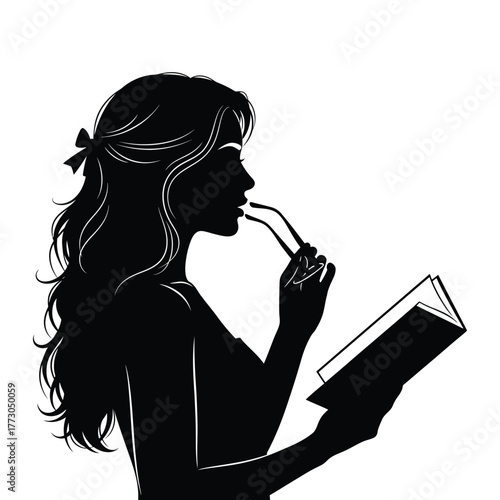 Pensive Woman Reading Book Silhouette, Thinking Girl Profile Vector, Education and Knowledge Icon