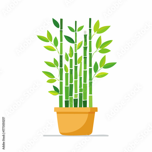 Green bamboo stalks with fresh leaves growing in a decorative pot, an isolated vector illustration representing nature, growth, and tranquility
