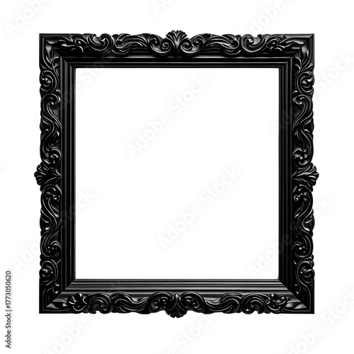 Black ornate square picture frame isolated on transparent background