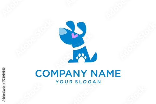 Cute Blue Dog Pet Logo Design with Paw Print and Heart Illustration
