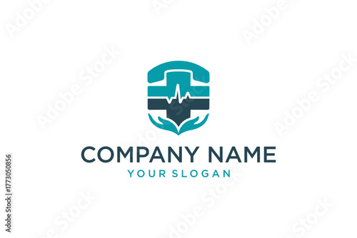 Healthcare Support Logo with Phone Receiver, Medical Cross, Heartbeat Line, and Caring Hands for Emergency Assistance