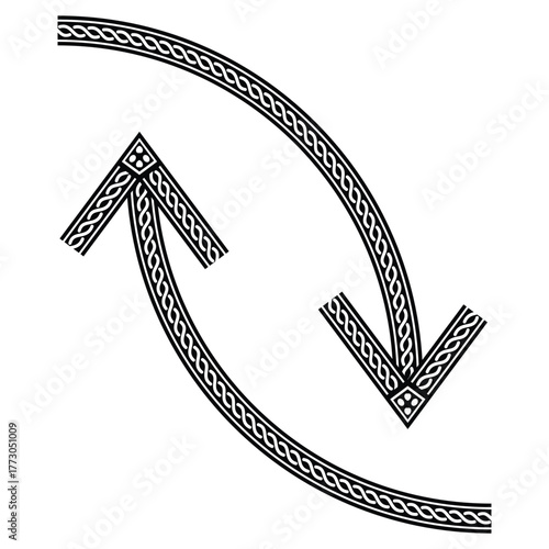 Black and white illustration of two curved arrows pointing in opposite directions