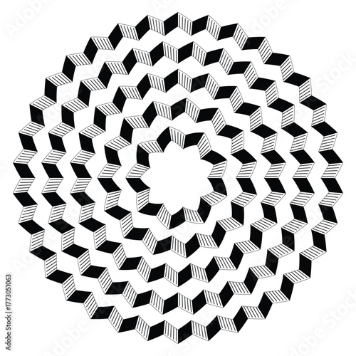 Optical illusion of a circular pattern created with repeating cube shapes