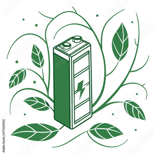 Green battery with leaves, representing ecofriendly energy storage