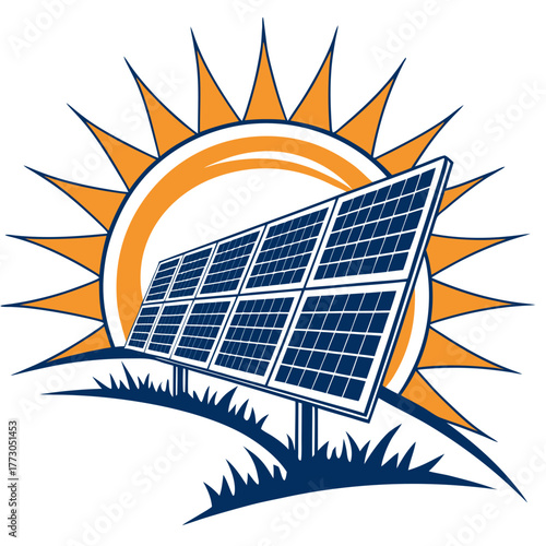 Solar panel array with sunburst, representing renewable energy source